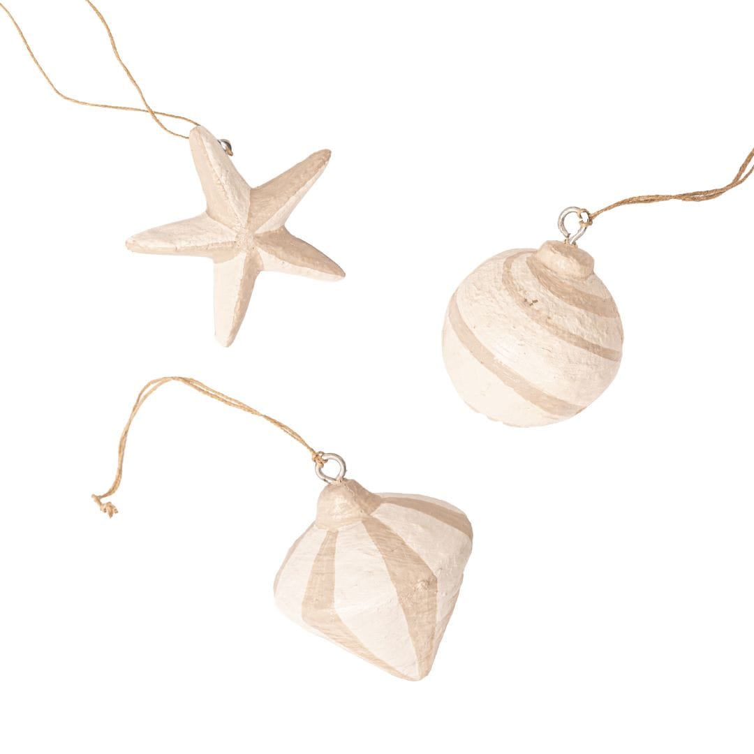 Paper-mâché Christmas Ornament Set of 3 | Handmade Off-White