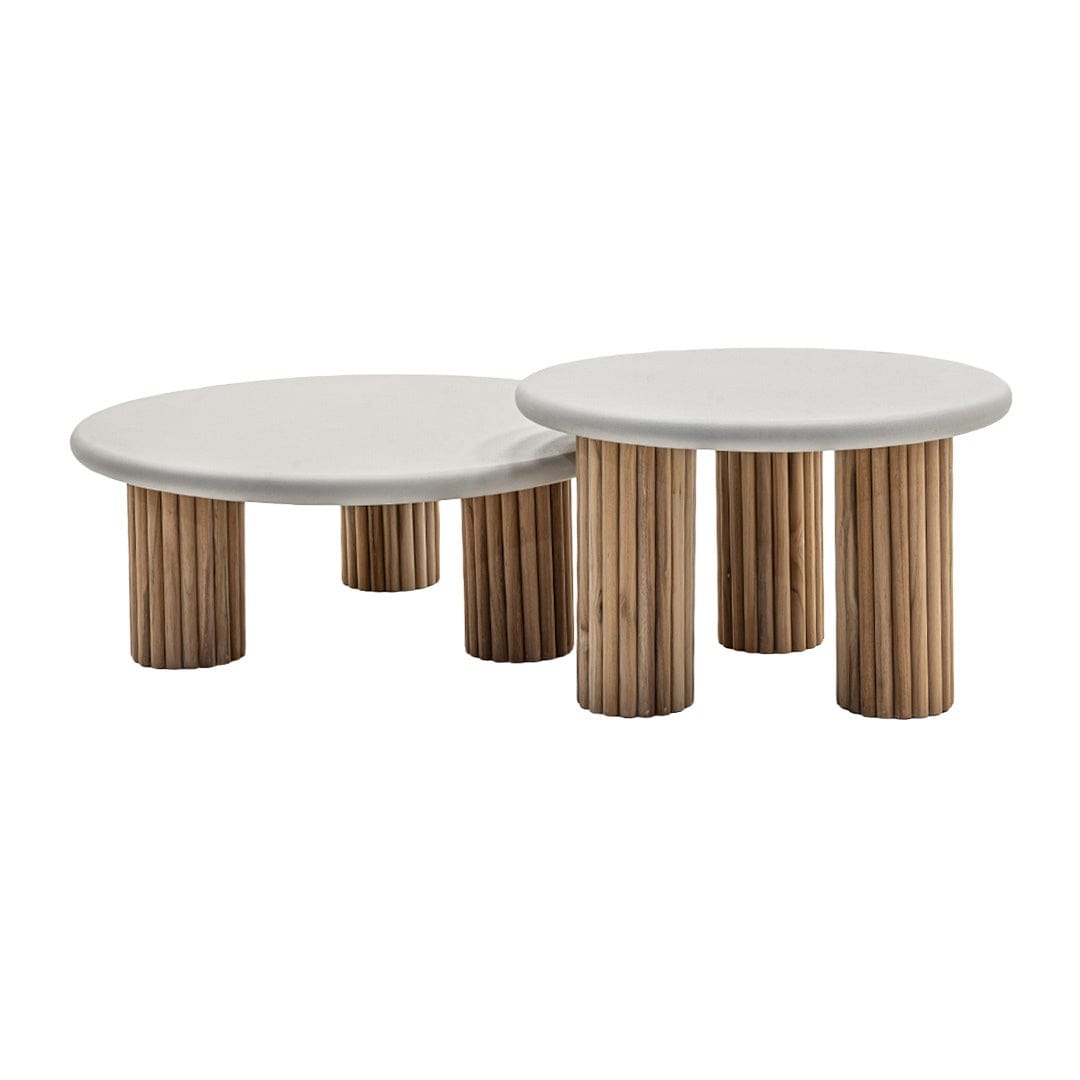 Thara Coffee Table – Microcement & Fluted Teak Legs – Zoco Home