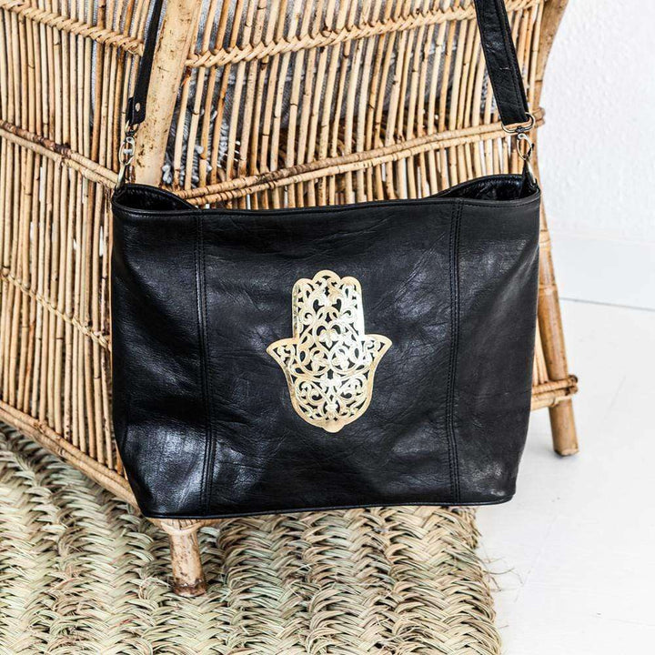 Black leather Tote bag with gold Fatima - Zoco Home 
