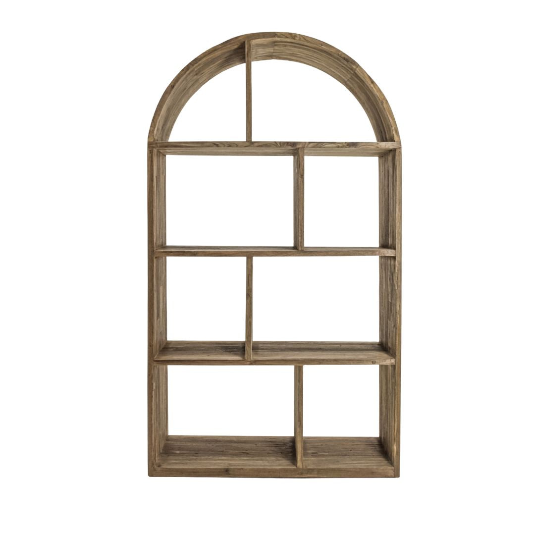 Wooden wall shelf with arch top on a white background