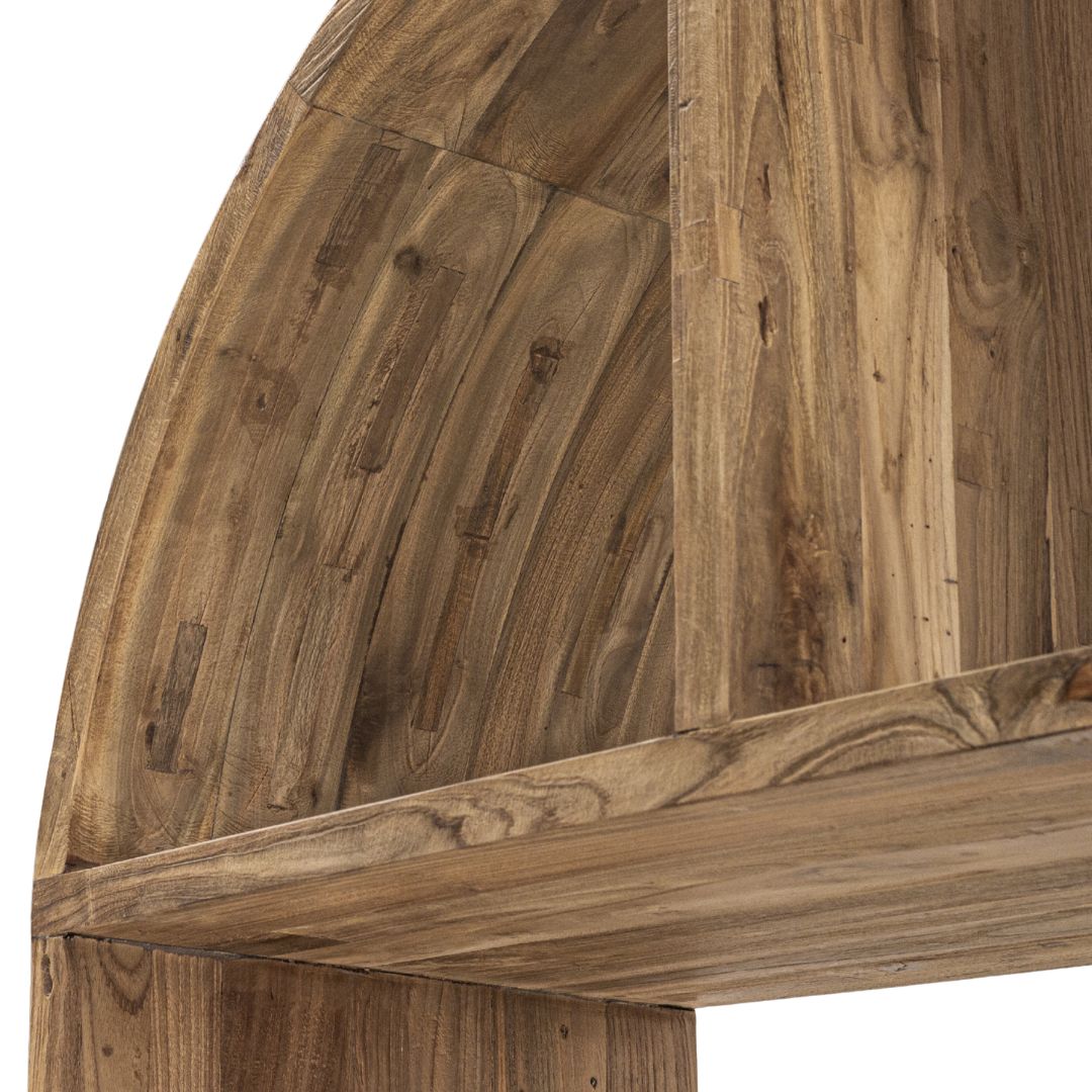 Close-up of a wooden shelf with a white background