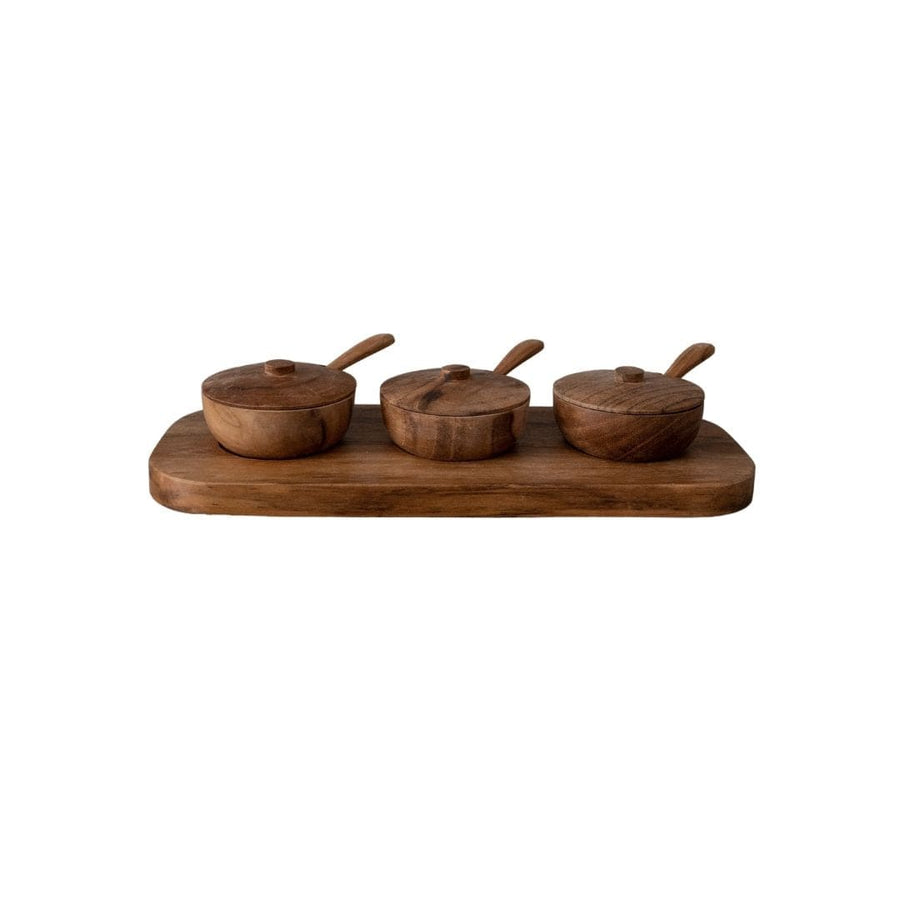 Zoco Home Bowls Teak Bowl w/ Spoon Set of 3 | 27x11x8cm