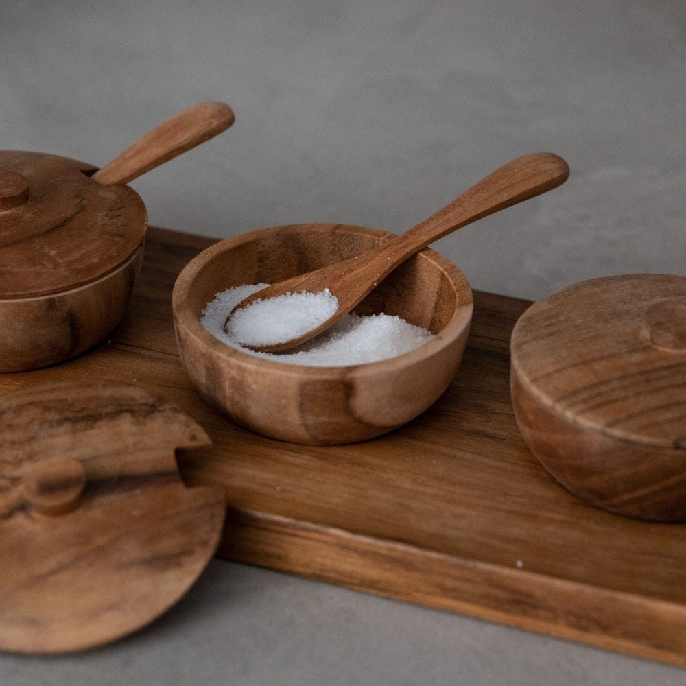 Zoco Home Bowls Teak Bowl w/ Spoon Set of 3 | 27x11x8cm