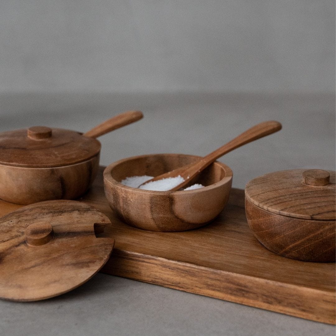 Zoco Home Bowls Teak Bowl w/ Spoon Set of 3 | 27x11x8cm