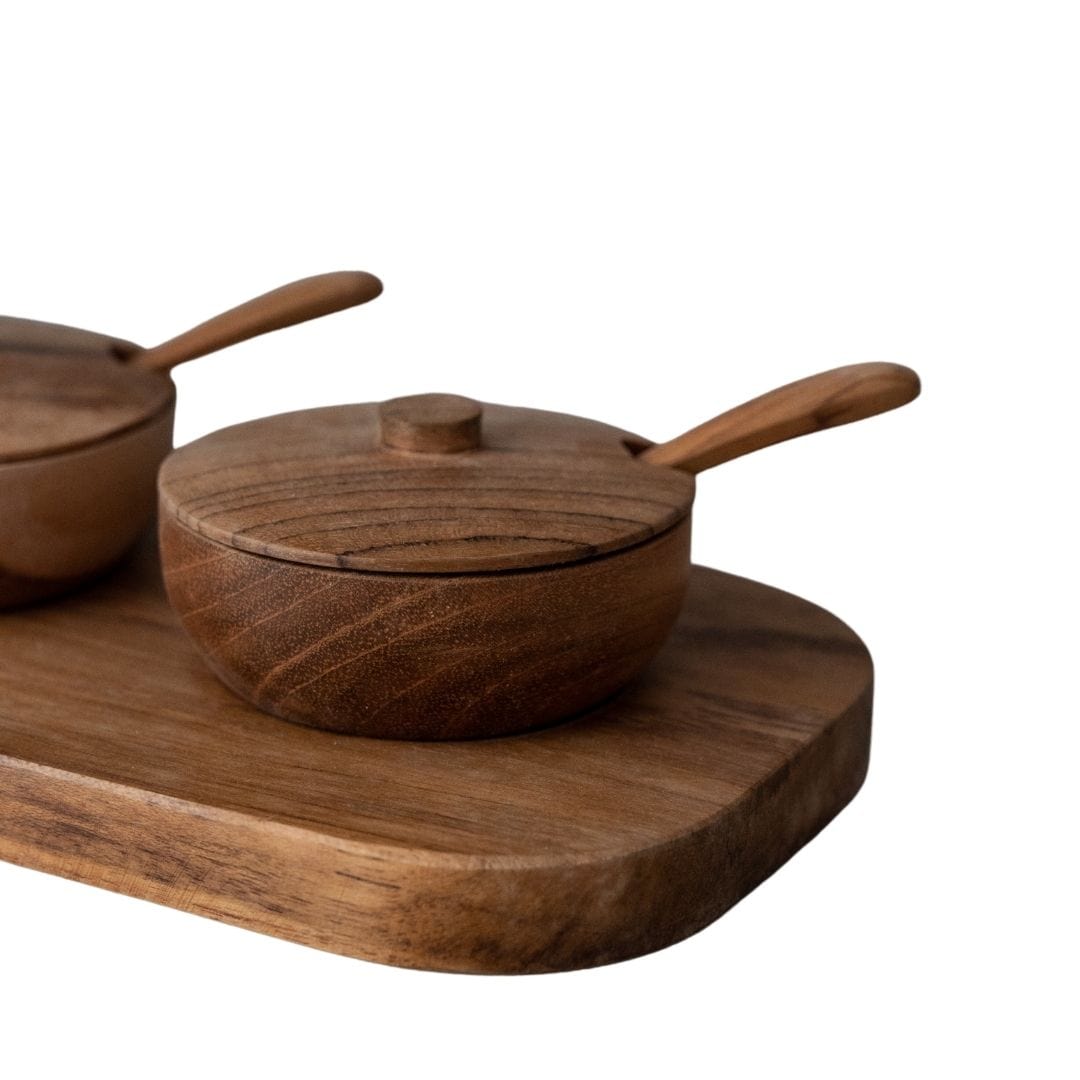 Zoco Home Bowls Teak Bowl w/ Spoon Set of 3 | 27x11x8cm