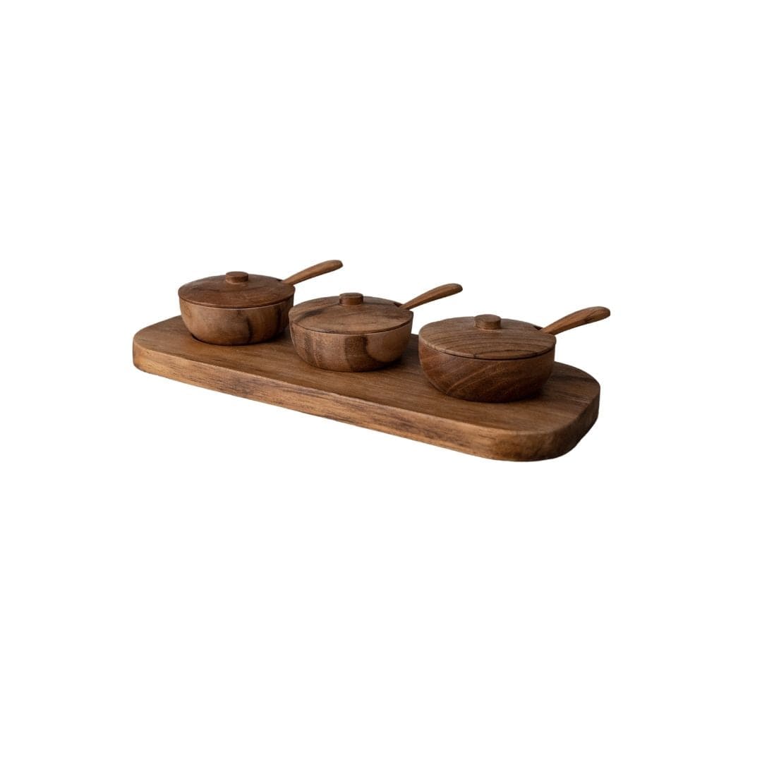 Zoco Home Bowls Teak Bowl w/ Spoon Set of 3 | 27x11x8cm