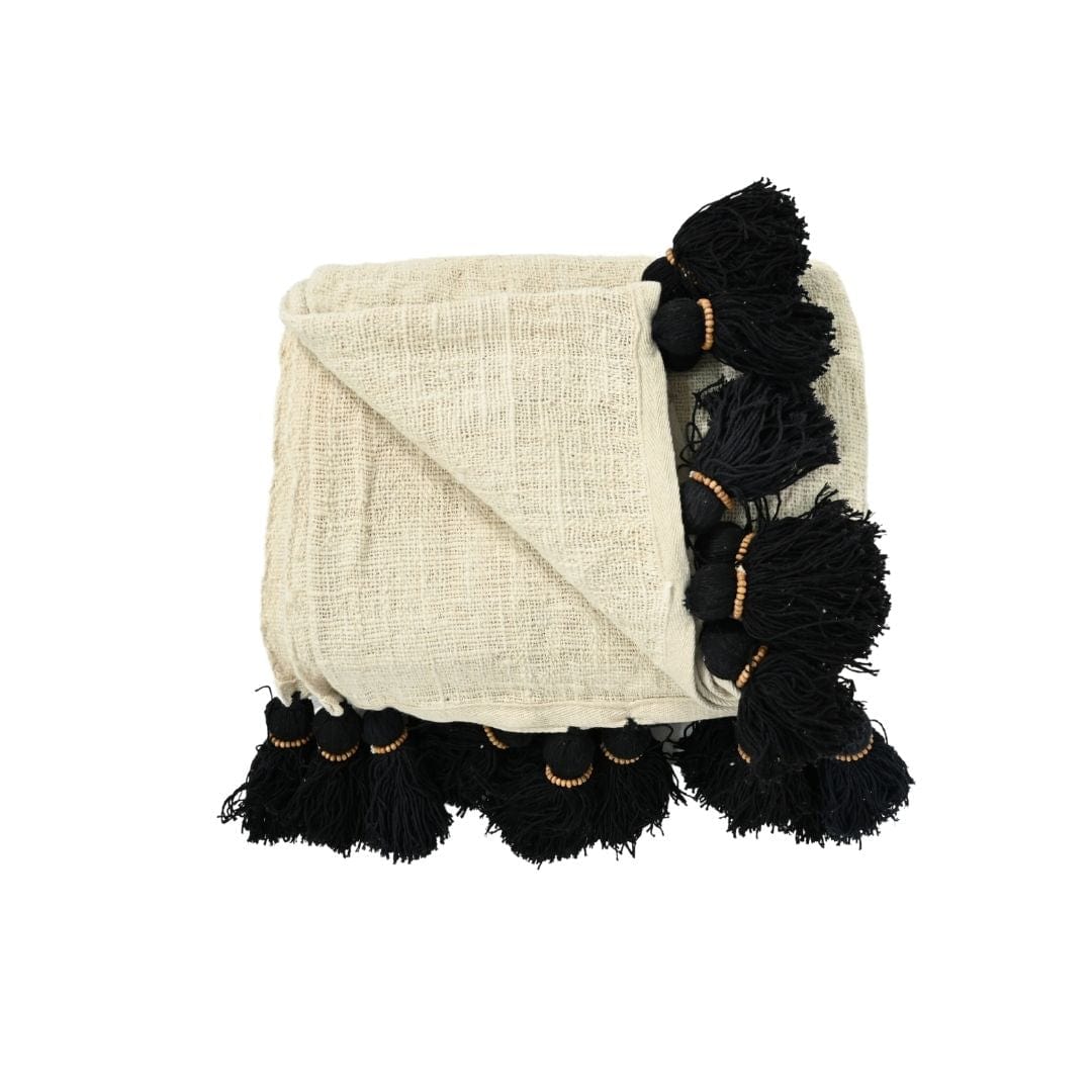 Zoco Home Bali Cotton Throw | Black Tassel | White 220x140cm